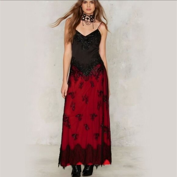 Nasty Gal ✦ Gothic Maxi Dress ✦ Red/Black Lace w/ Sheer Overlay & Beading XS NWT - Picture 7 of 11